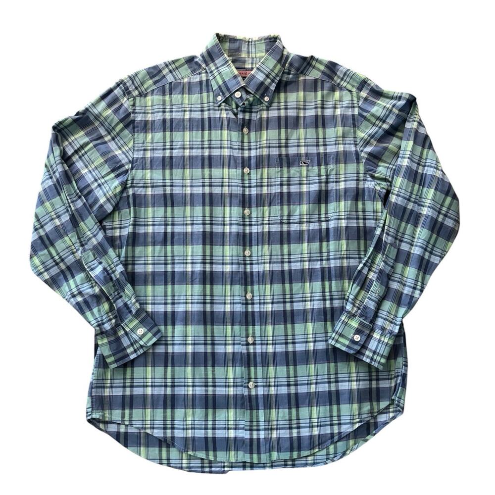Vineyard Vines Tucker Slim Fit Plaid Button Down Shirt Green Pink Cotton Medium